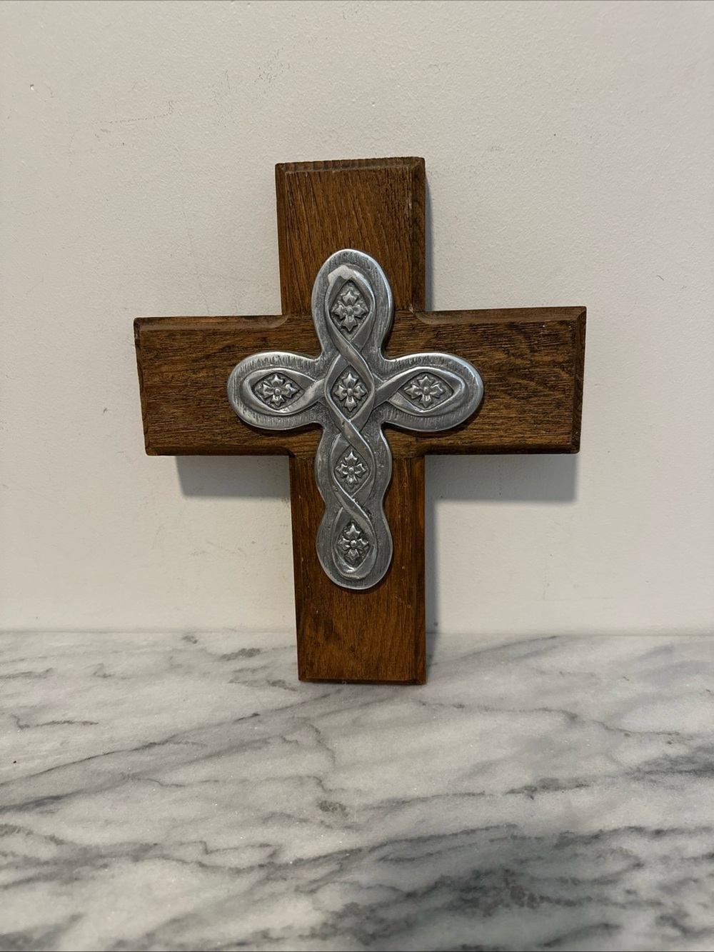 Cross pewter on wood Celtic design 12” tall
